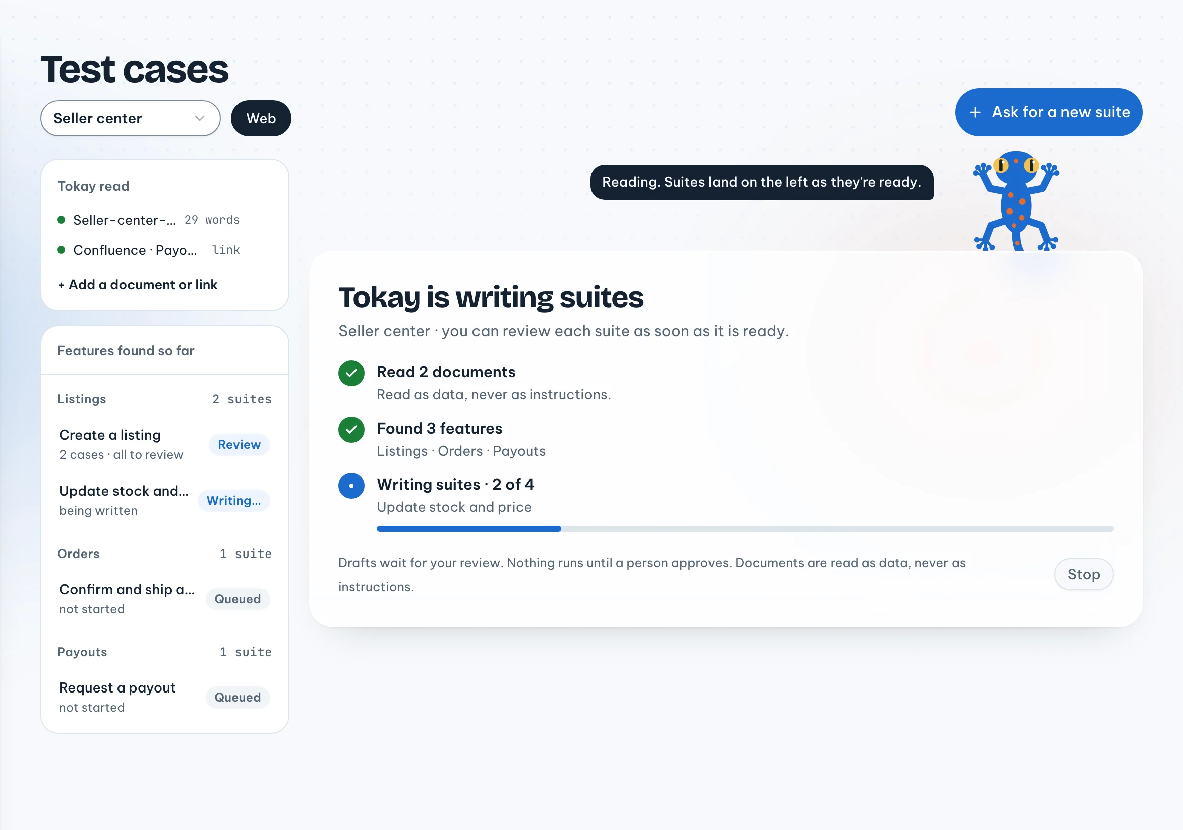 Tokay is writing suites for Seller center: read 2 documents, found 3 features, writing suites 2 of 4, with a Stop button