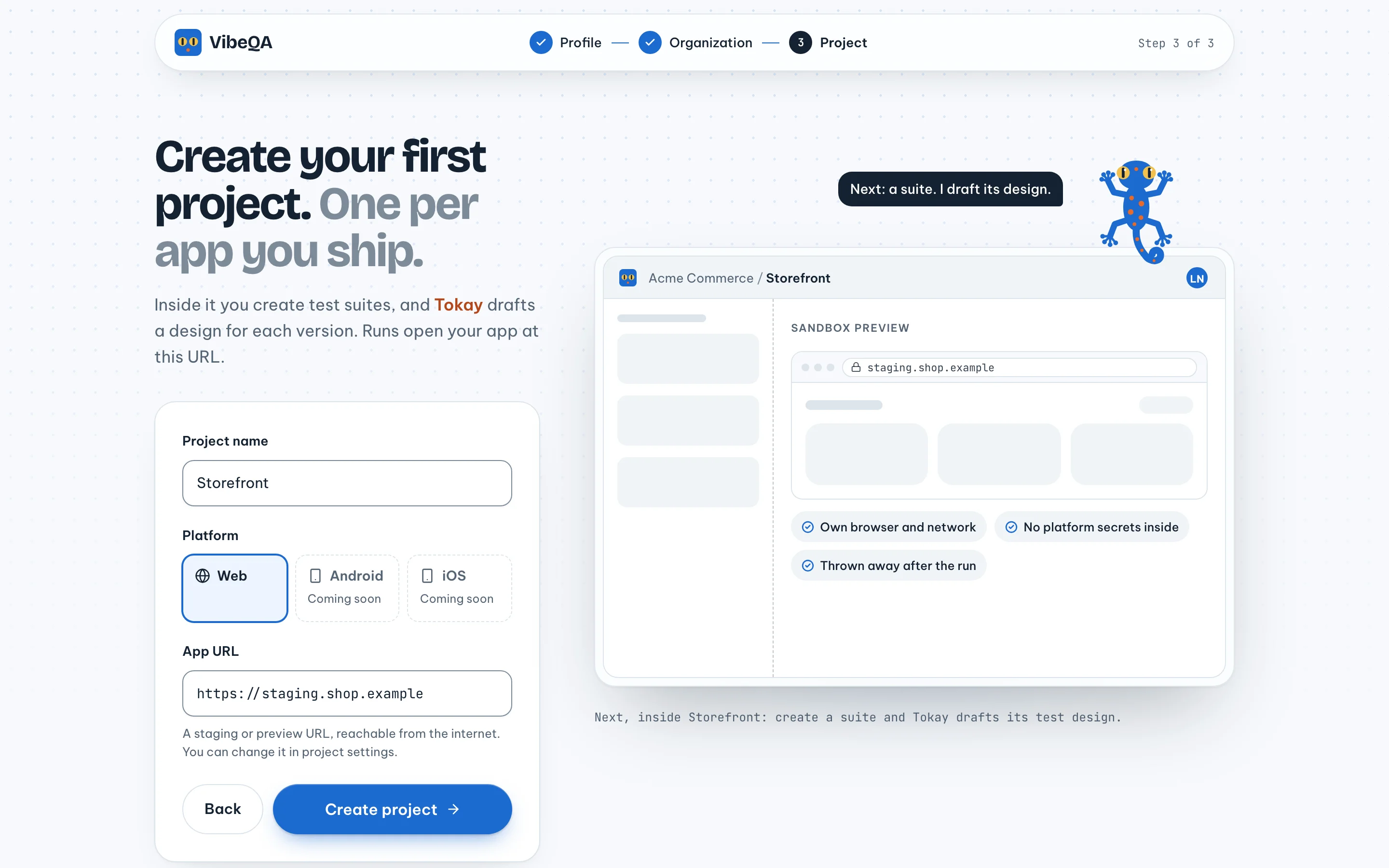 Onboarding step 3 of 3: project Storefront, platform Web, app URL https://staging.shop.example, with a sandbox preview