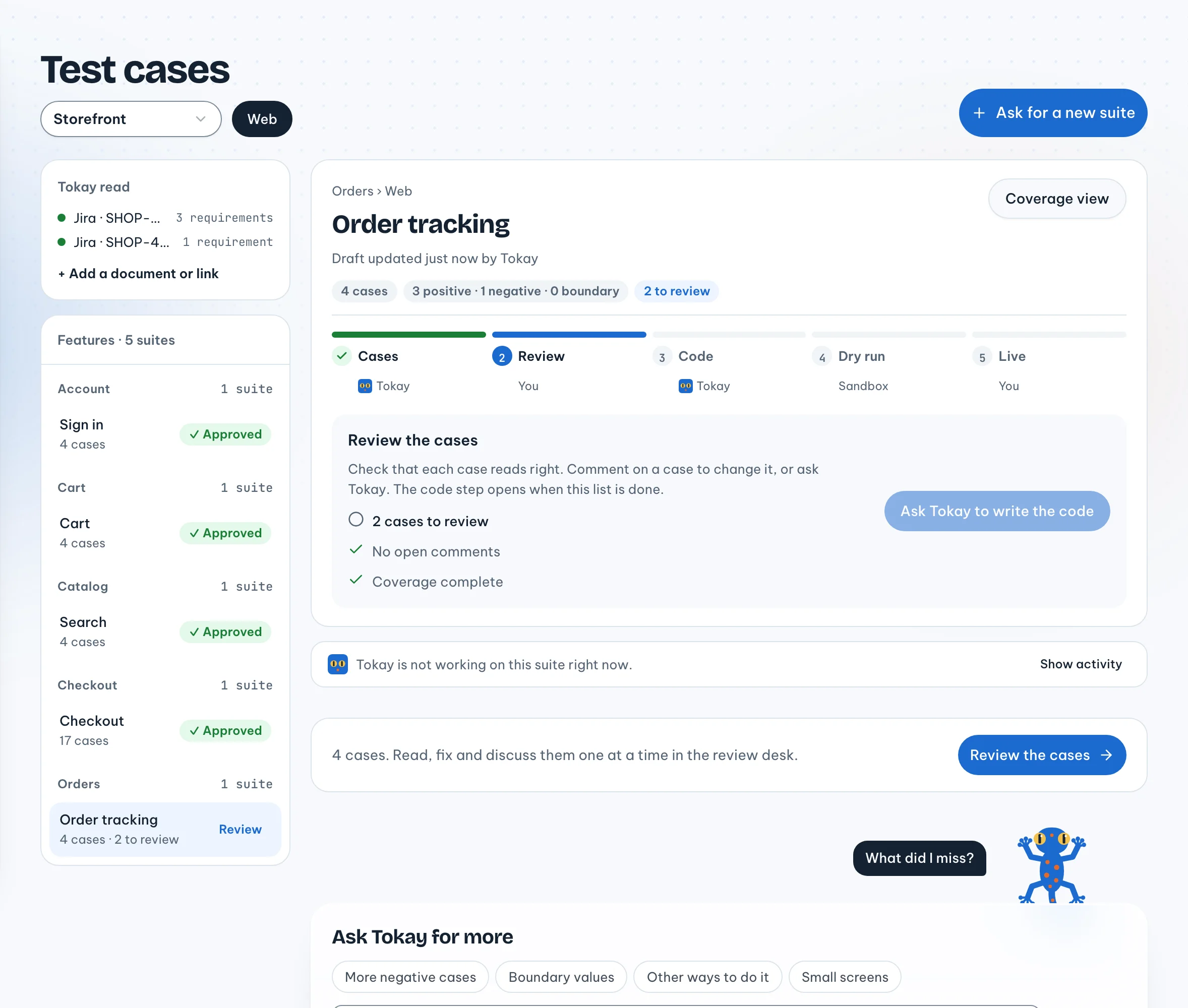 Test cases page: five Storefront suites by feature, four Approved, Order tracking at the Review step with 2 cases to review